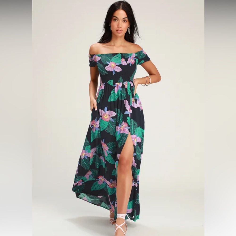 Lulu’s Patsy Navy Blue Floral Print Off-the-Shoulder Maxi Dress